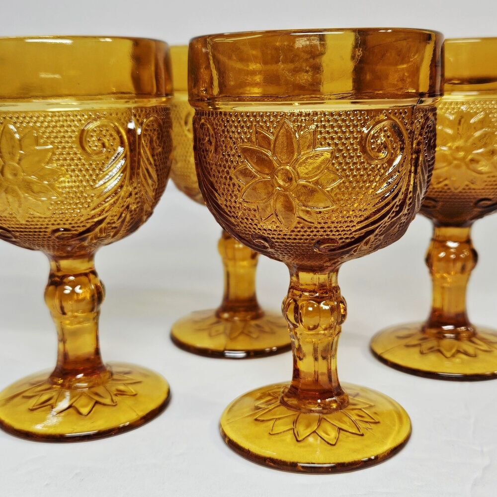 Vtg Indiana Pressed Glass Tiara Amber Honey Sandwich Cordial Set of Four